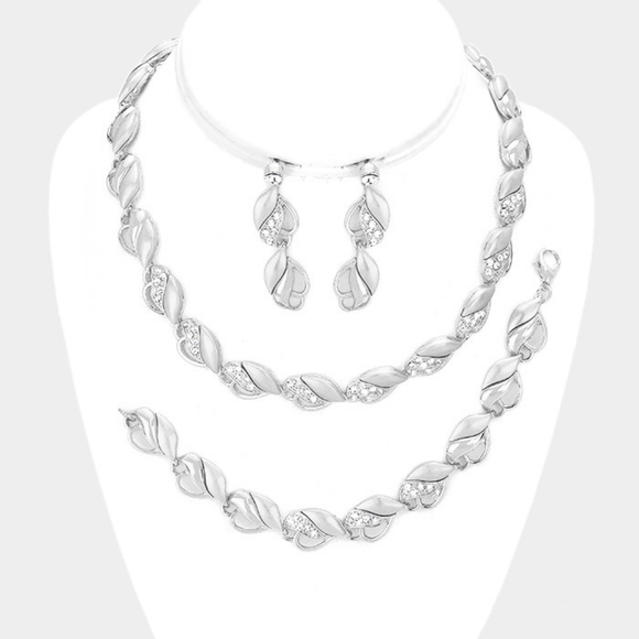 Silver 3 Piece Marquise Crystal Necklace Jewelry Set Formal Fashion Statement - Picture 2 of 3